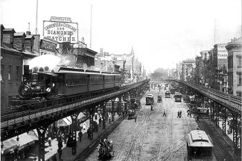 Tren elevado de Manhattan a su paso por la Tercera Avenida en el barrio de Bowery (1896)